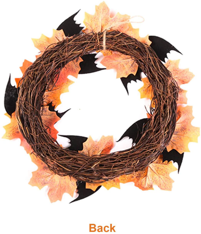 Orgrimmar 10” Halloween Maple Wreath Garland Artificial Maple Leaf Bats Vines Door Hanging for Halloween Party Thanksgiving Harvest’s Day Decoration