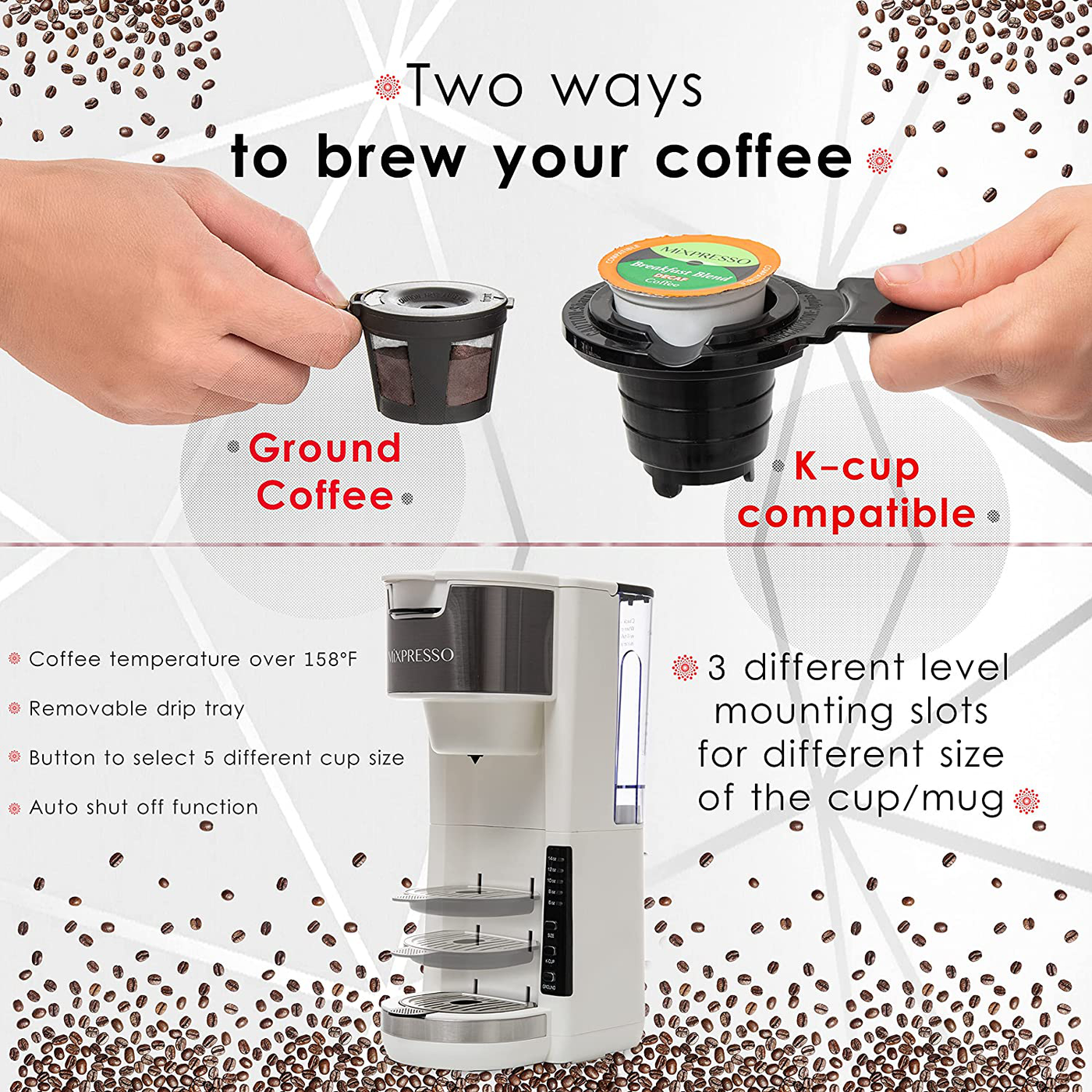 Mixpresso Single Serve 2 in 1 Coffee Brewer K-Cup Pods Compatible & Ground Coffee,Compact Coffee Maker Single Serve With 30 oz Detachable Reservoir, 5 Brew Size and Adjustable Drip Tray