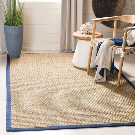 Safavieh Natural Fiber Collection NF114E Border Basketweave Seagrass Area Rug, 3' x 5', Blue