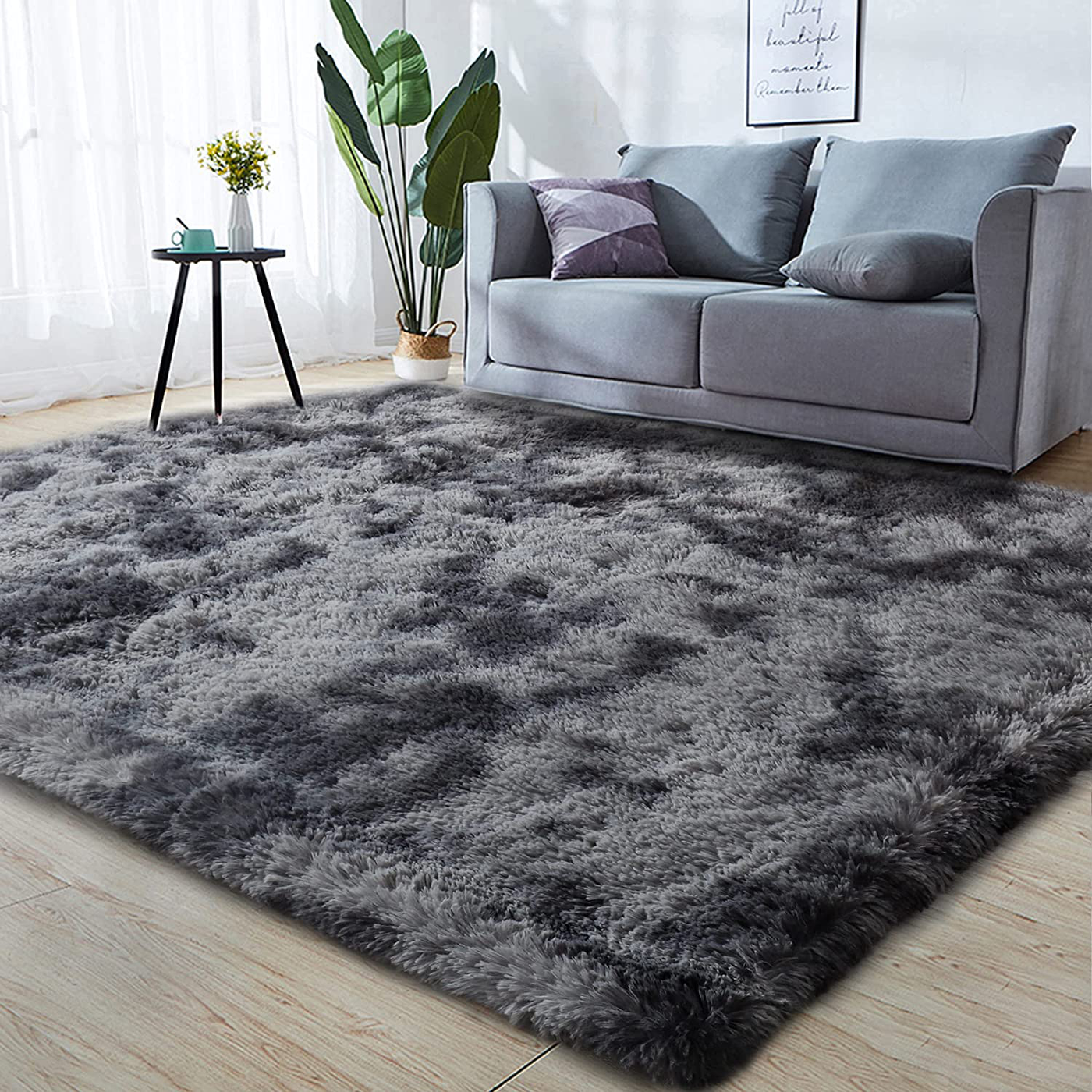 GKLUCKIN Shag Ultra Soft Area Rug, Non-Skid Fluffy 5'x8' Tie-Dyed Grey&Blue Fuzzy Indoor Faux Fur Rugs for Living Room Bedroom Nursery Decor Furry Carpet Kids Playroom