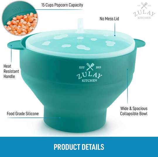 Zulay Kitchen Microwave Popcorn Popper Collapsible, BPA Free Silicone Popcorn Popper Microwave Collapsible Bowl, Quick & Easy Popcorn Popper Silicone Microwave (Aqua)