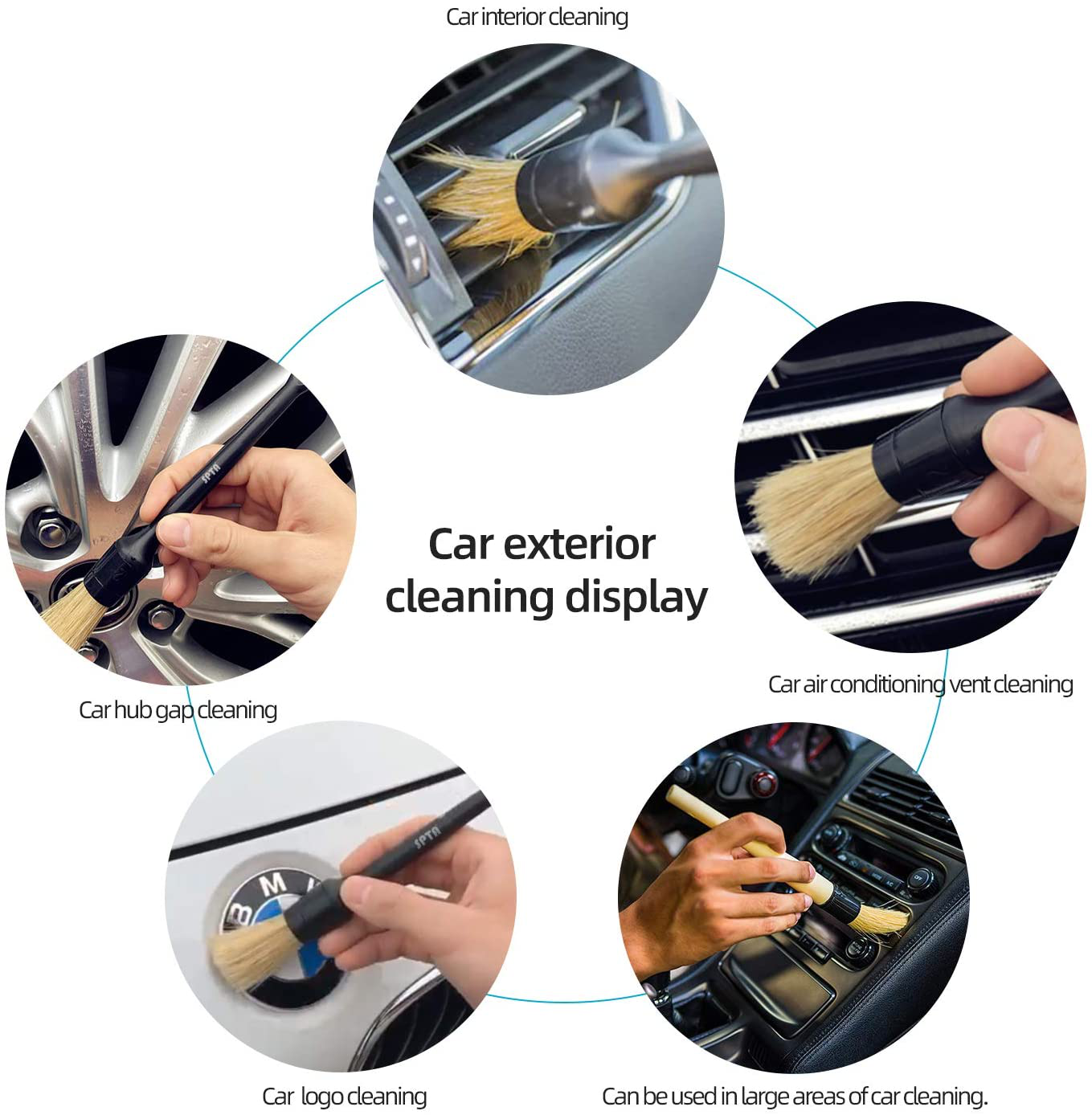 SPTA Car Detailing Brush Kit - 6 Pack, Auto Boar Hair Detail Brush Set Automotive Interior Exterior No Scratch Microfiber Detailing Brushes for Cleaning Air Vents, Engine Bays, Dashboard & Wheels