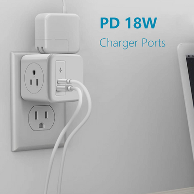 USB Outlet Extender with 2 USB Ports (1 USB C)