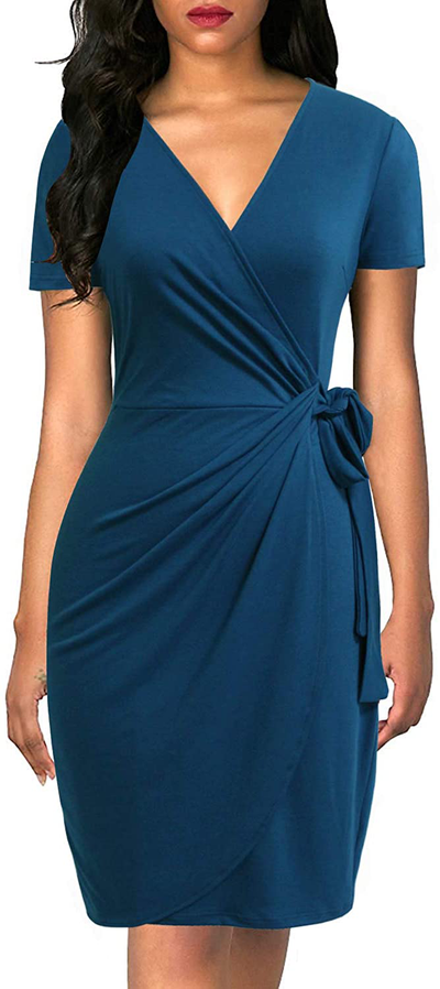 Lyrur Women's Classic V-Neck Casual Party Knee Length Sheath Work Short Sleeve Faux Black Wrap Dress