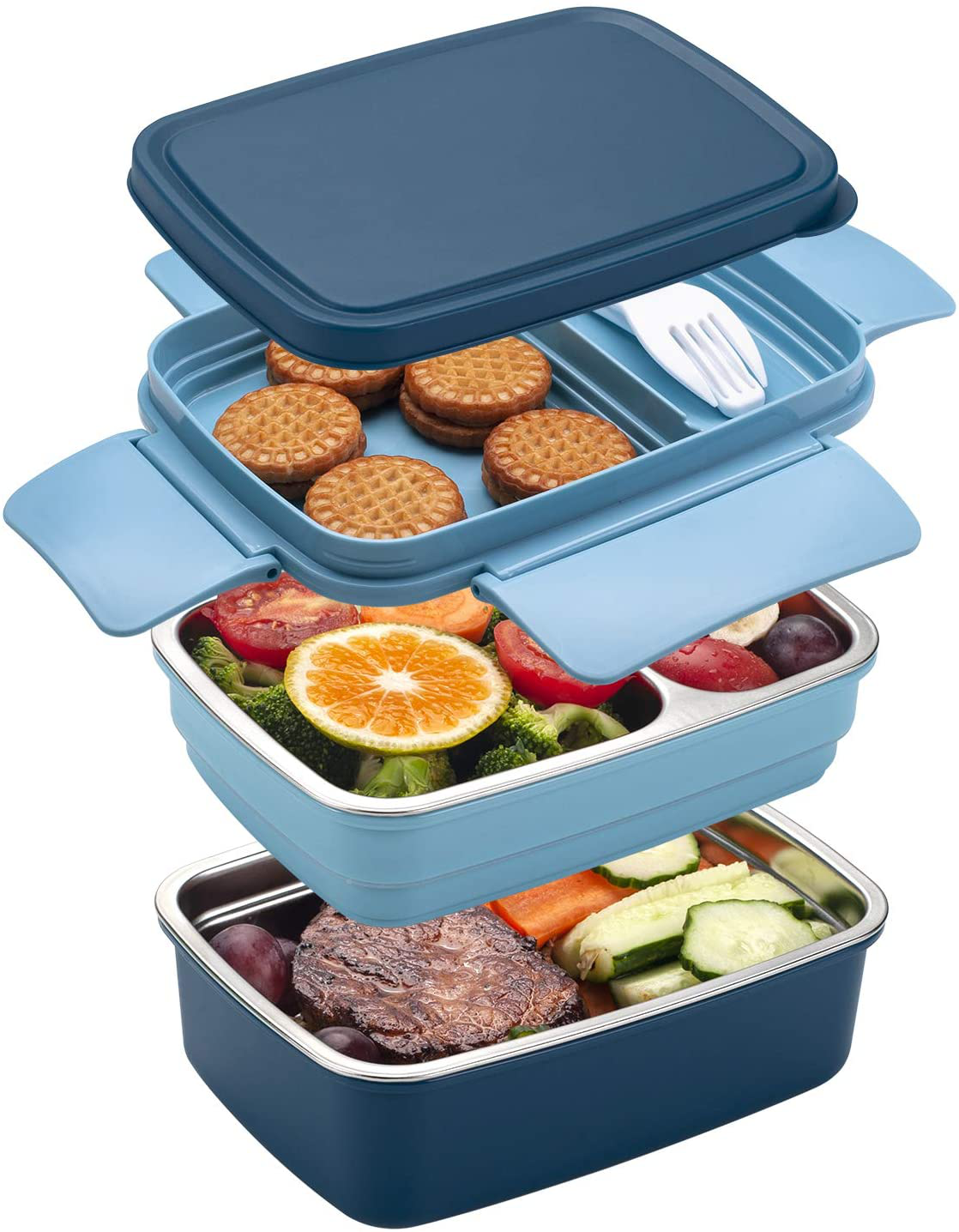 Freshmage Stainless Steel Bento Box for Adults & Kids, Leakproof Stackable Large Capacity Dishwasher Safe Lunch Container with Divided Compartments, Blue