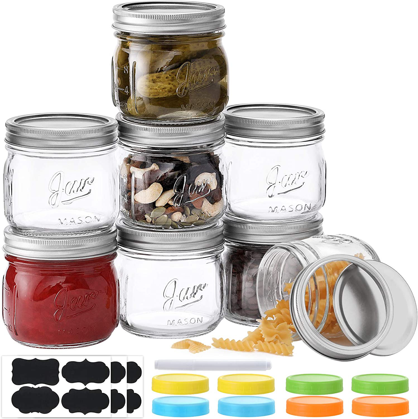 Wide Mouth Mason Jars 32 Oz, 8 PACK Large Glass Canning Jars with Metal Airtight Lids and Bands, Extra Leak-Proof Colored Lids, Chalkboard Labels and Marker, for Meal Prep, Food Storage, Canning, Preserving, Drinking, DIY Projects