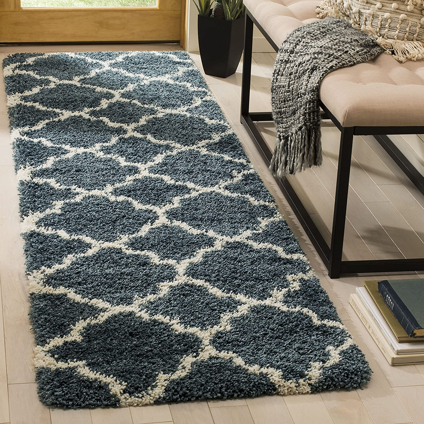 SAFAVIEH Hudson Shag Collection SGH282L Moroccan Trellis Non-Shedding Living Room Bedroom Dining Room Entryway Plush 2-inch Thick Runner, 2'3" x 12' , Slate Blue / Ivory