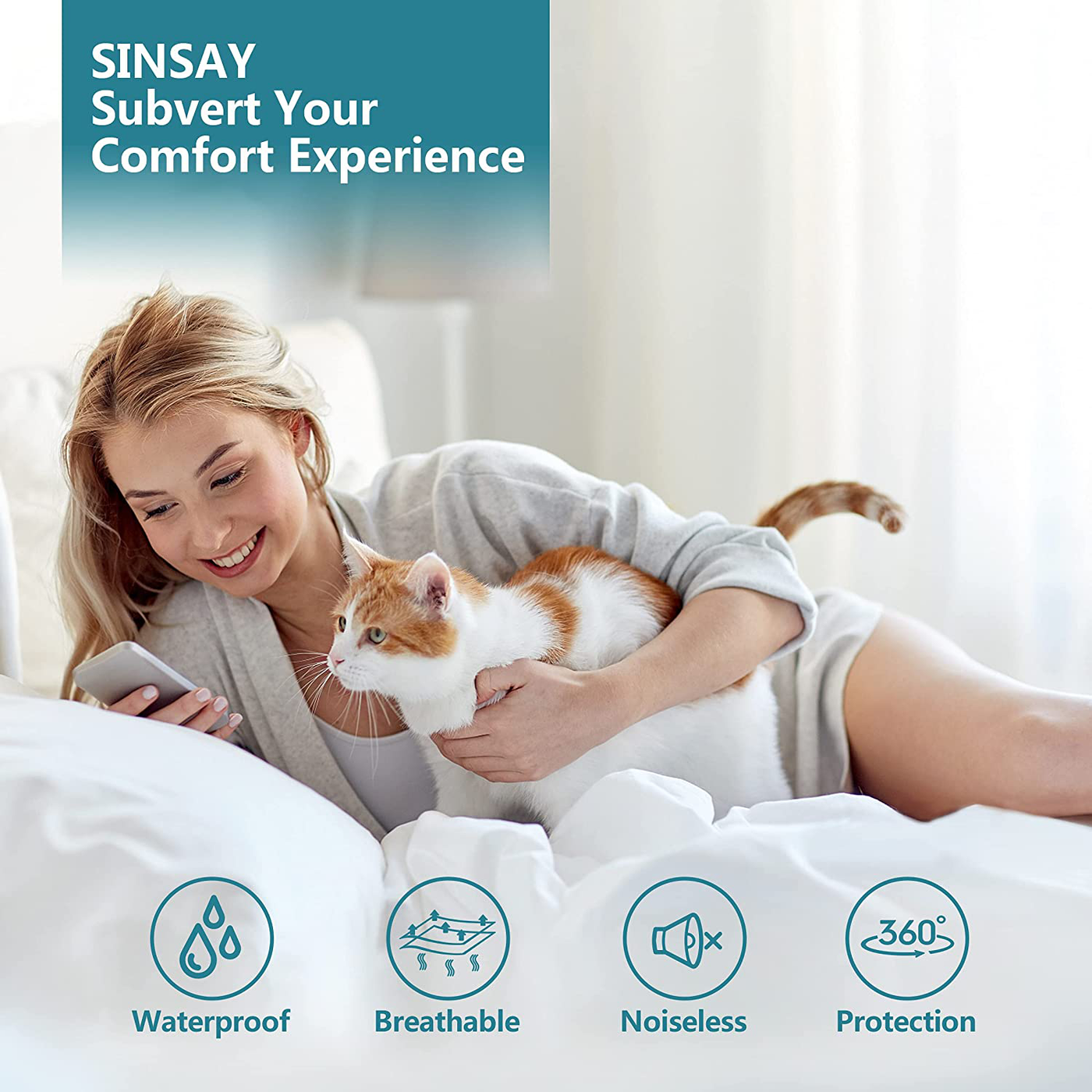 SINSAY Twin Size Waterproof Mattress Protector, Breathable Ultra-Soft & Noiseless Protector Cover, Stretchable Deep Pocket Fits Up to 21" Mattress Pad, Easy to Clean Machine-Wash Mattress Cover