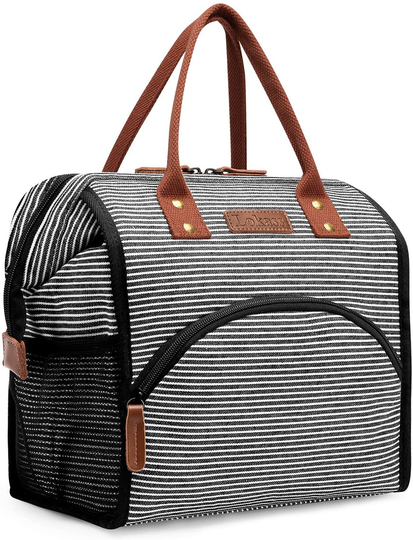 LOKASS Lunch Bag Insulated Lunch Box Wide-Open Lunch Tote Bag Large Drinks Holder Durable Canvas Thermal Snack Organizer for Women Men Adults College Work Picnic Hiking Beach Fishing,Stripes