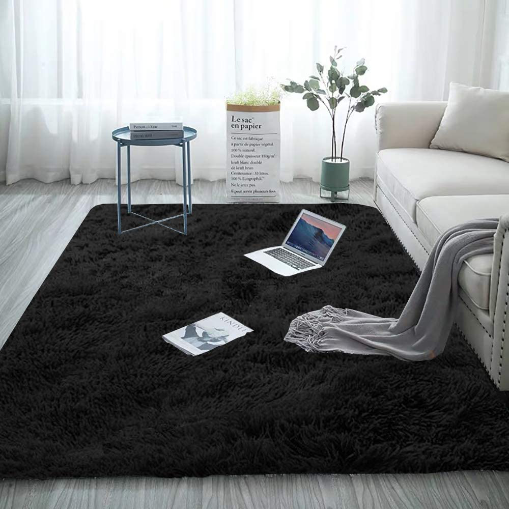 Soft Shag Faux Fur 4x5.3 Area Rug Warm Floor Rugs for Bedroom Living Room,Non-Slip Plush Fluffy Comfy Furry Fur Rugs Babys Care Crawling Carpet Black