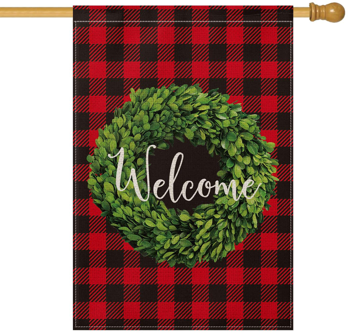 AVOIN Fall Boxwood Wreath Welcome Garden Flag Vertical Double Sided, Buffalo Check Plaid Rustic Farmhouse Flag Yard Outdoor Decoration 12.5 x 18 Inch