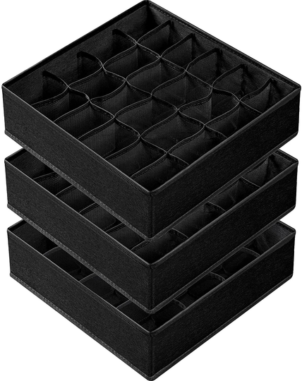 3 Pack Sock Underwear Organizer Dividers, 64 Cell Fabric Foldable Cabinet Closet Organizers and Storage Boxes for Storing Socks, Underwear, Ties (16+24+24 Cell, Black)