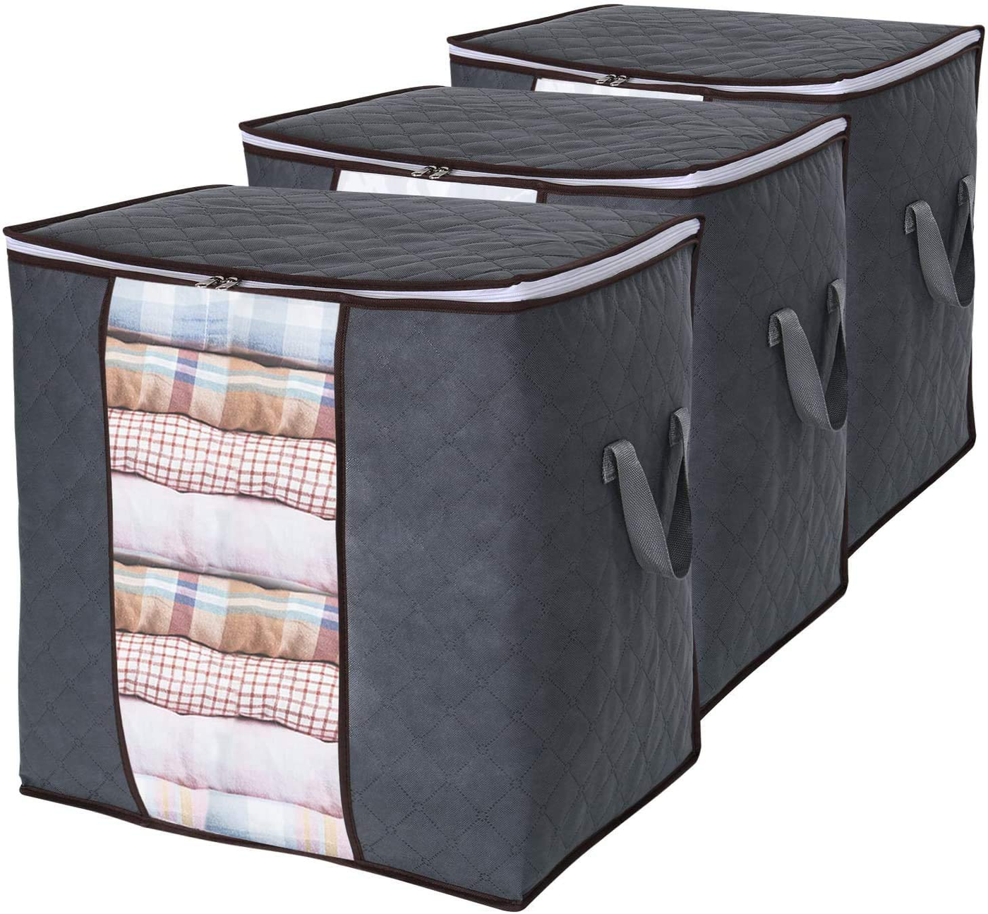 Lifewit Clothes Storage Bag 90L Large Capacity Organizer with Reinforced Handle Thick Fabric for Comforters, Blankets, Bedding, Foldable with Sturdy Zipper, Clear Window, 3 Pack, Black