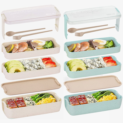 Bento Box for Kids Lunch Boxes Adults 3-In-1 Meal Prep Container, 900ML Janpanese Lunch Box with 3 Layer Compartment, Wheat Straw, Leak-proof, Spoon Fork BPA-free, Green + Pink, 2 Pack