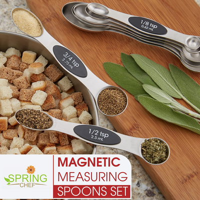 Spring Chef Magnetic Measuring Spoons Set, Dual Sided, Stainless Steel, Fits in Spice Jars, Aqua Sky, Set of 8