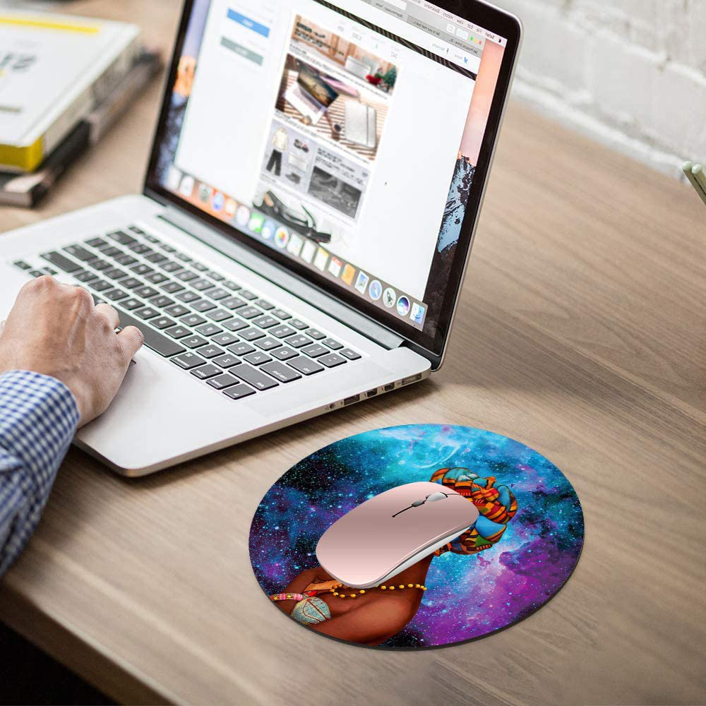 ChaTham Round Mouse Pad with Coasters Set, Blue Purple Galaxy African Women Mouse Pad, Non-Slip Rubber Base Round Mouse Pads for Laptop Compute Working Home Office Accessories