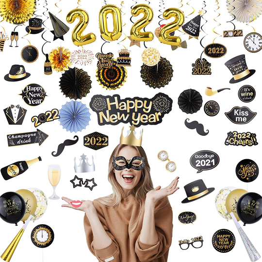 Happy New Year Decorations Include Party Hat, Number Balloons, Glasses Accessories, Noise Maker, Table Toppers, light stickers, Balloons, Paper Fans, Photo props
