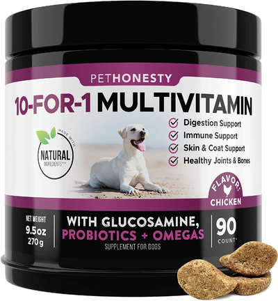 PetHonesty 10 in 1 Dog Multivitamin with Glucosamine - Essential Dog Vitamins with Glucosamine Chondroitin, Probiotics and Omega Fish Oil for Dogs Overall Health - Vitamins for Joint Supplement Heart