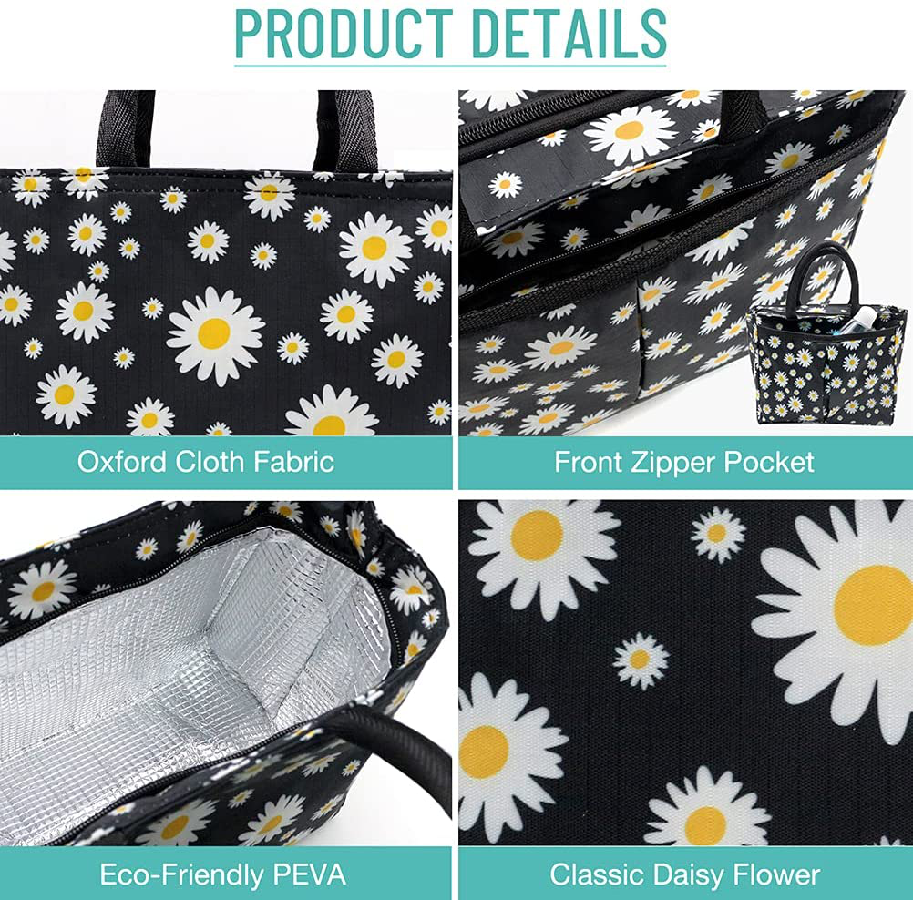 Lunch Bags for Women and Girls Cute Lunch Tote Bag Daisy Lunch Box with a Placement for Work School,Black