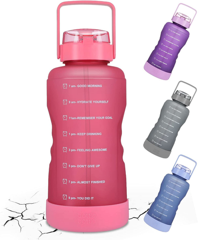 BOTTLE BOTTLE Half Gallon Water Bottle with Time Marker and Straw Workout Leak-proof Water Bottle for Adults and Kids 64oz Water Chug Jug with Protective Silicone Boot (Purple)