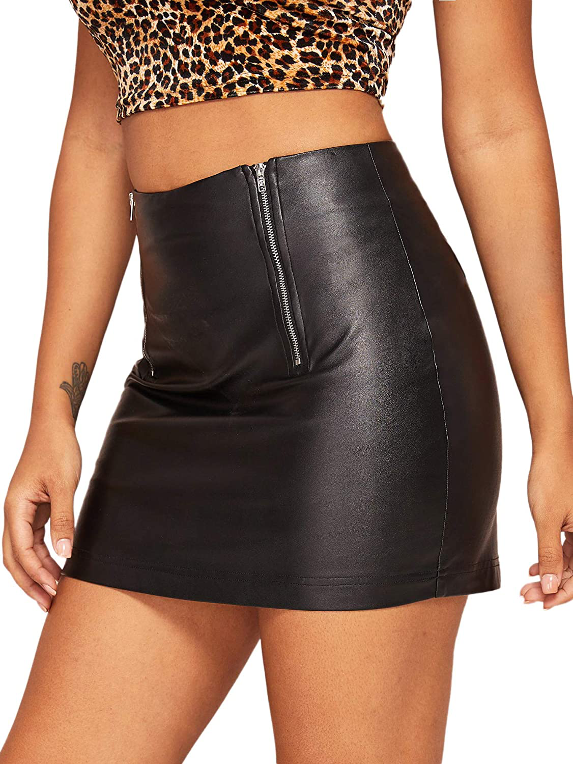 Floerns Women's Pocket Zipper Faux Leather Bodycon Short Skirt