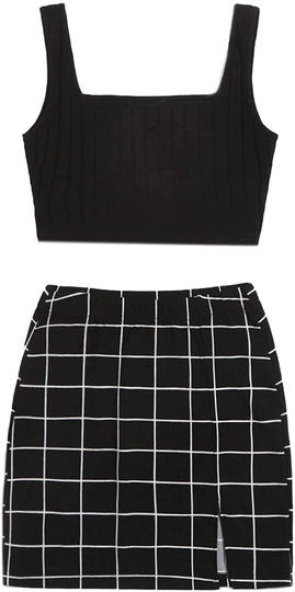 Milumia Women 2 Pieces Outfit Ribbed Knit Crop Tank Top and Plaid Mini Skirt Set