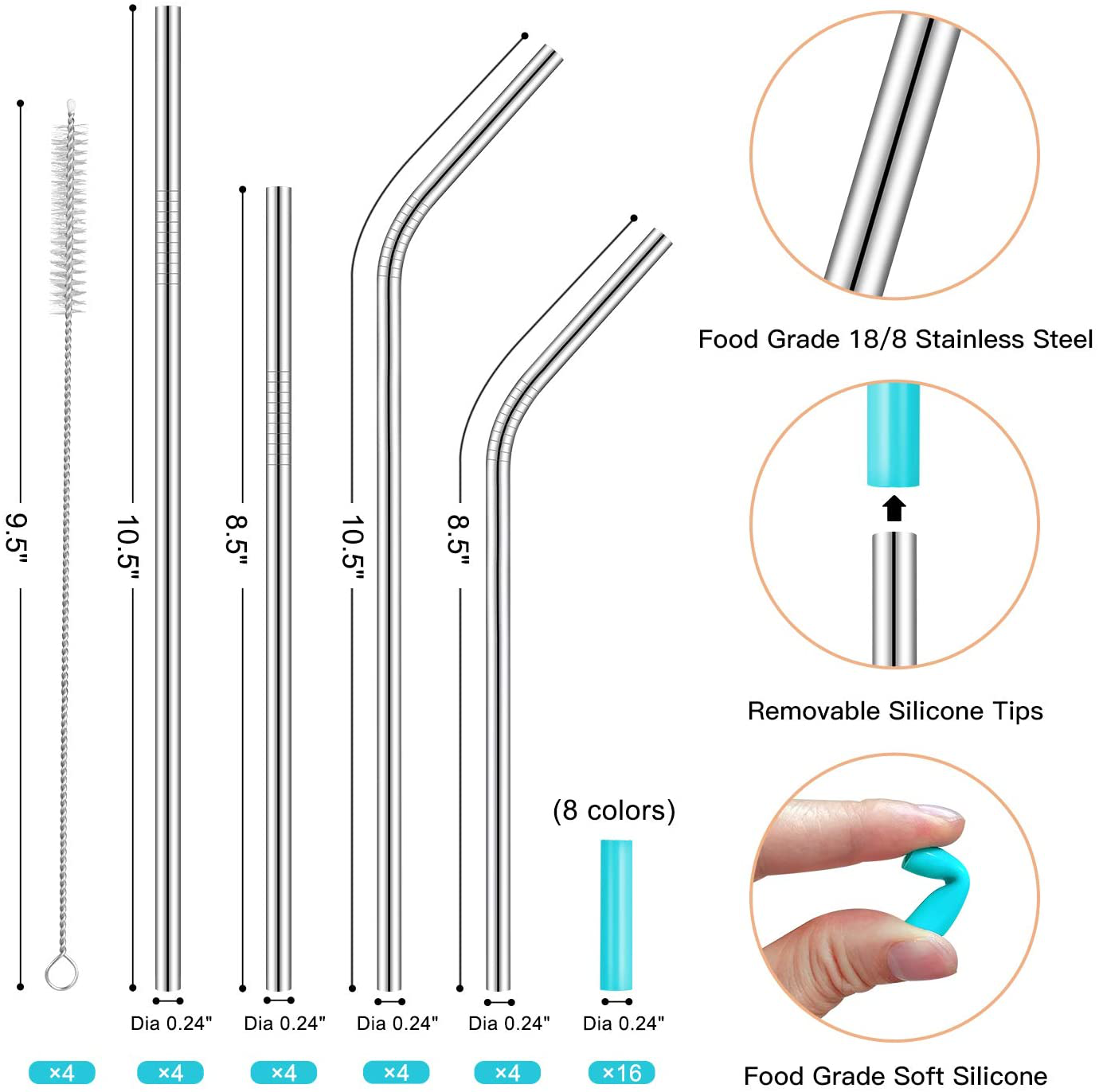 StrawExpert Set of 16 Reusable Stainless Steel Straws with Travel Case Cleaning Brush Silicone Tips Eco Friendly Extra Long Metal Straws Drinking for 20 24 30 oz Tumbler