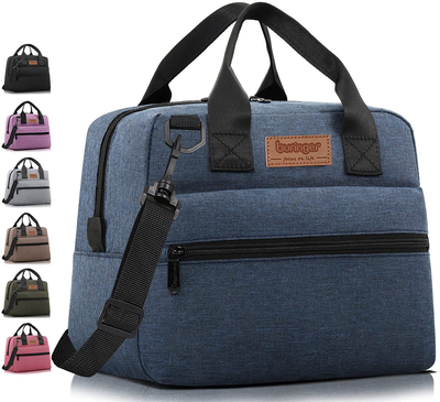 Buringer Insulated Lunch Bag Box Cooler Totes Handbag with Pockets and Removable Adjustable Shoulder Strap For Man Woman Work Shopping (Blue with Shoulder Strap)