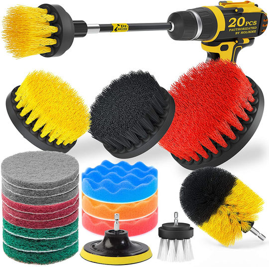 Holikme 20Piece Drill Brush Attachments Set, Scrub Pads & Sponge, Buffing Pads, Power Scrubber Brush with Extend Long Attachment, Car Polishing Pad Kit