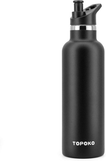 TOPOKO 25 OZ Hydro Double Wall Flask Stainless Steel Water Bottle, Bite Valve Top, Vacuum Insulated, Sweat Proof, Leak Proof Sports Thermos. Standard Mouth 25oz, BPA-Free, Keep Cold 24 Hours (Black)