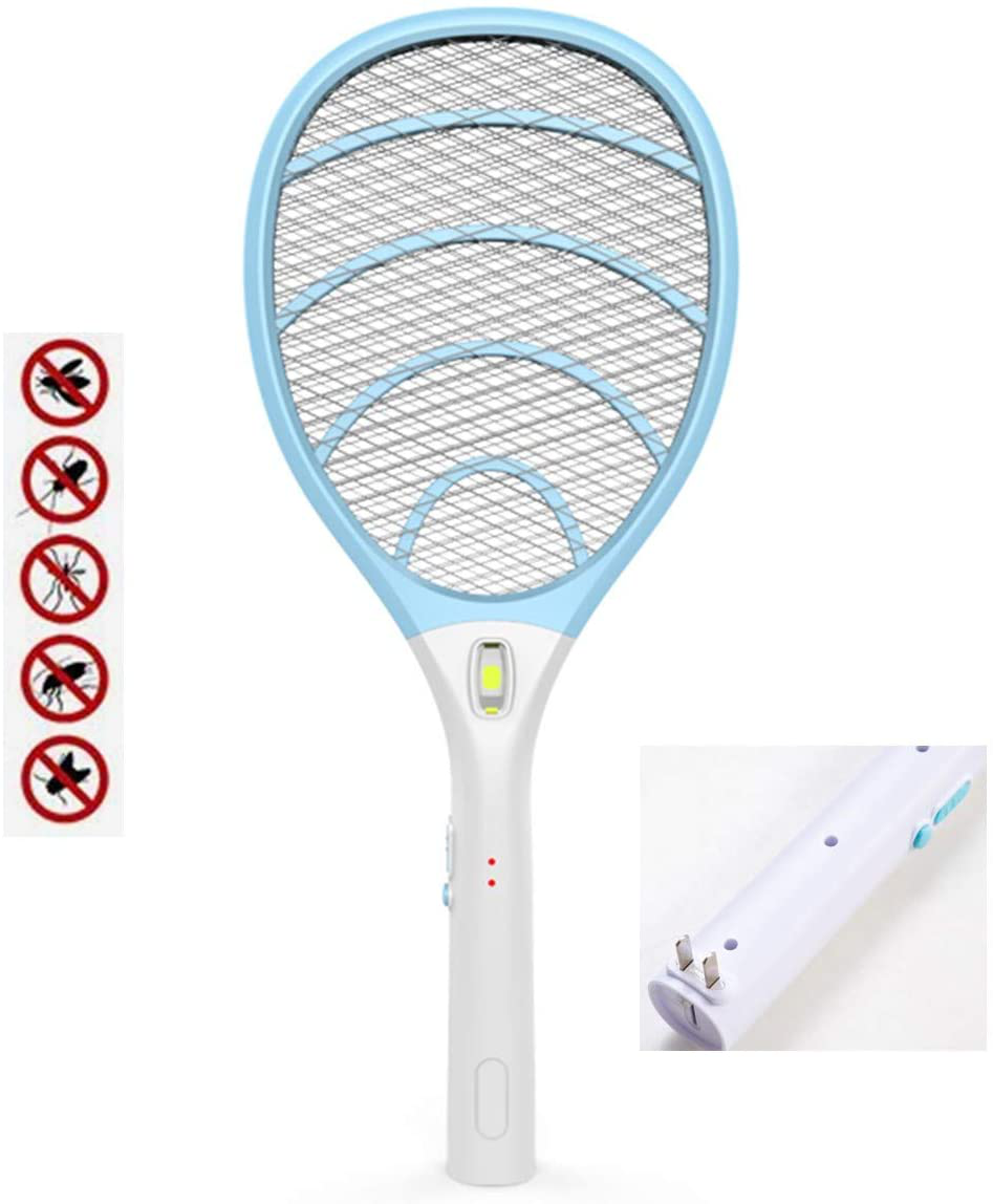 Rechargeable Electric Powerful Bug Zapper Fly Swatter Racket, Handheld Wasp Mosquitoes Flies Insects Killer Racquet for Indoor and Outdoor Pest Control Bat, eco Friendly Safe 4000 Volt, Blue/Gray