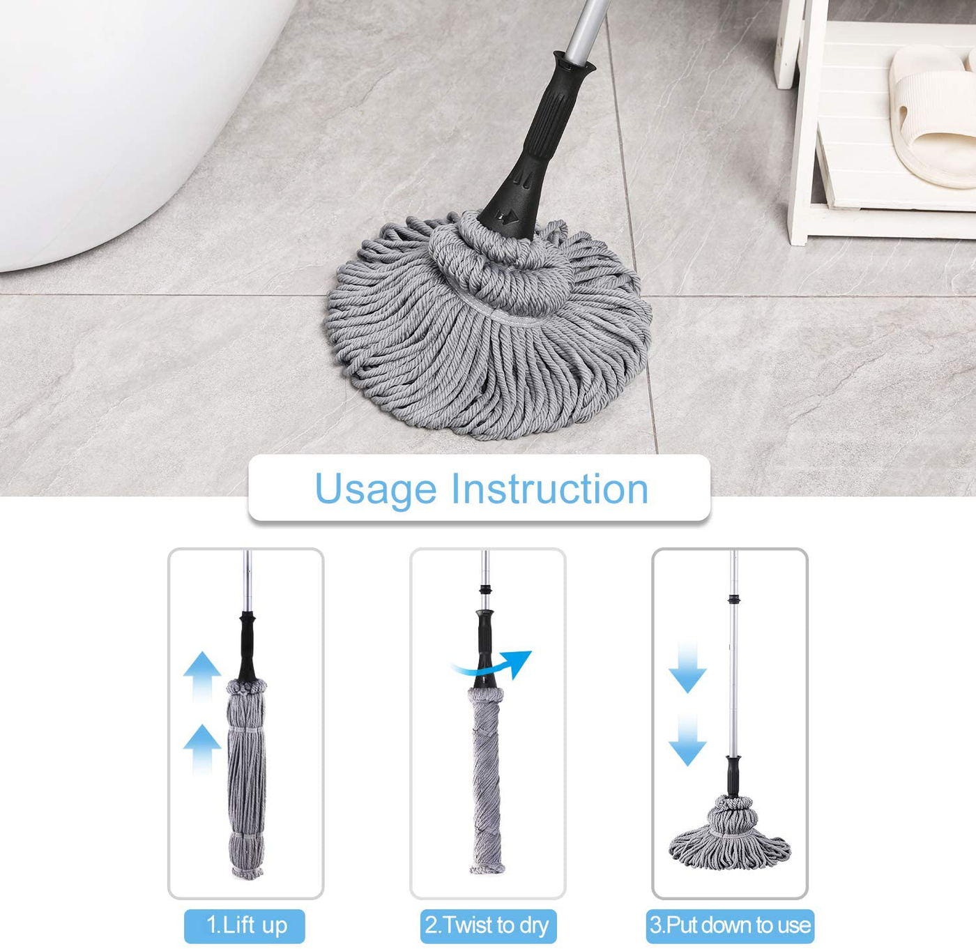 Eyliden Twist Mop & Refills Kit - Hand Release - Dry & Wet Mops for Hardwood, Tile Floor Cleaning - Easy to Wring, Include 2 Replacement Heads, 57.7inch Long Handle, Top Scouring Pad (Grey)