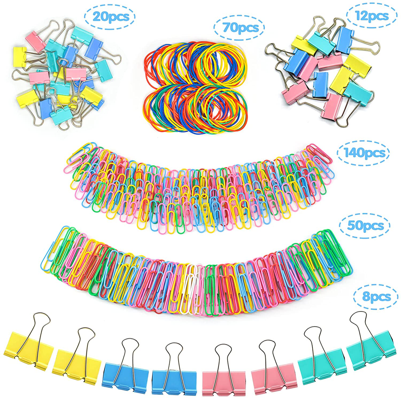 Paper Clips Binder Clips, Colored Office Clips Set - Assorted Sizes Paperclips Paper Clamps Rubber Bands for Office and School Supplies, Document Organizing