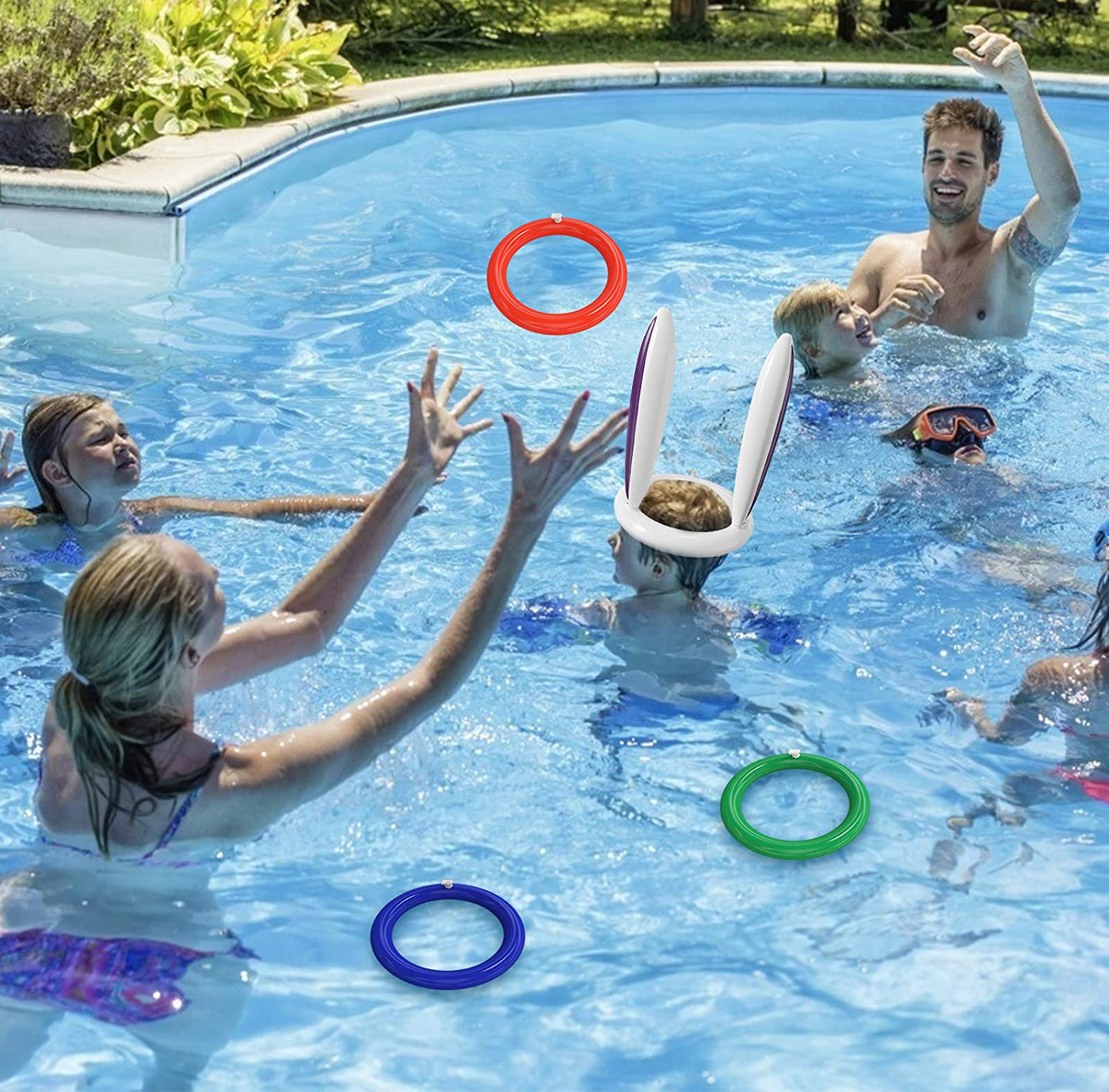 Inflatable Ring Toss Game Set, Ring Toss Pool Toys with 4 Pcs Floating Rings and a Inflatable Rabbit Ears, Outdoor and Pool Toys for Kids Adults, Multiplayer Games for Pool Beach Party