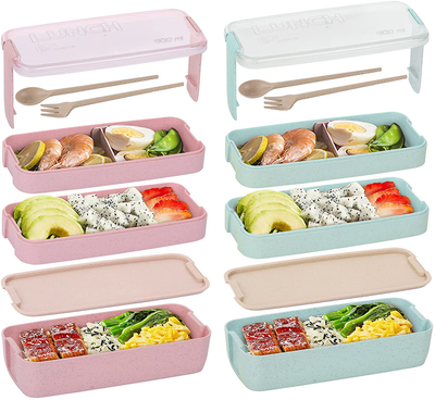Bento Box for Kids Lunch Boxes Adults 3-In-1 Meal Prep Container, 900ML Janpanese Lunch Box with 3 Layer Compartment, Wheat Straw, Leak-proof, Spoon Fork BPA-free, Green + Pink, 2 Pack