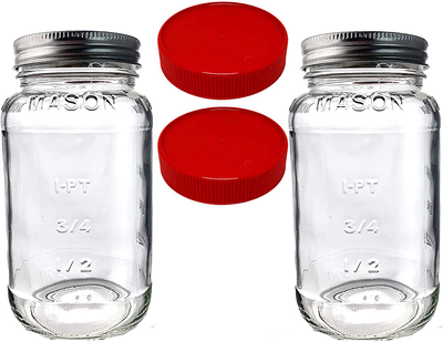 Mason Jars 24oz - Regular Mouth Mason Storage Jars with Lids (set of 2) Made in the USA - Mason Jars with Plastic Mason Jar Lids (24 ounce, white)