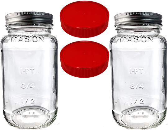 Mason Jars 24oz - Regular Mouth Mason Storage Jars with Lids (set of 2) Made in the USA - Mason Jars with Plastic Mason Jar Lids (24 ounce, white)