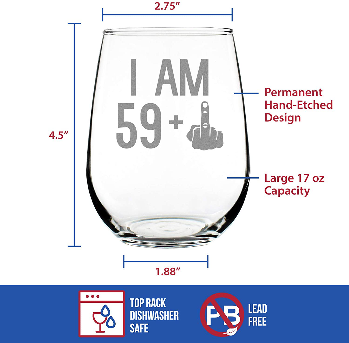 59 + 1 Middle Finger - 60th Birthday Stemless Wine Glass for Women & Men - Cute Funny Wine Gift Idea - Unique Personalized Bday Glasses for Best Friend Turning 60 - Drinking Party Decoration