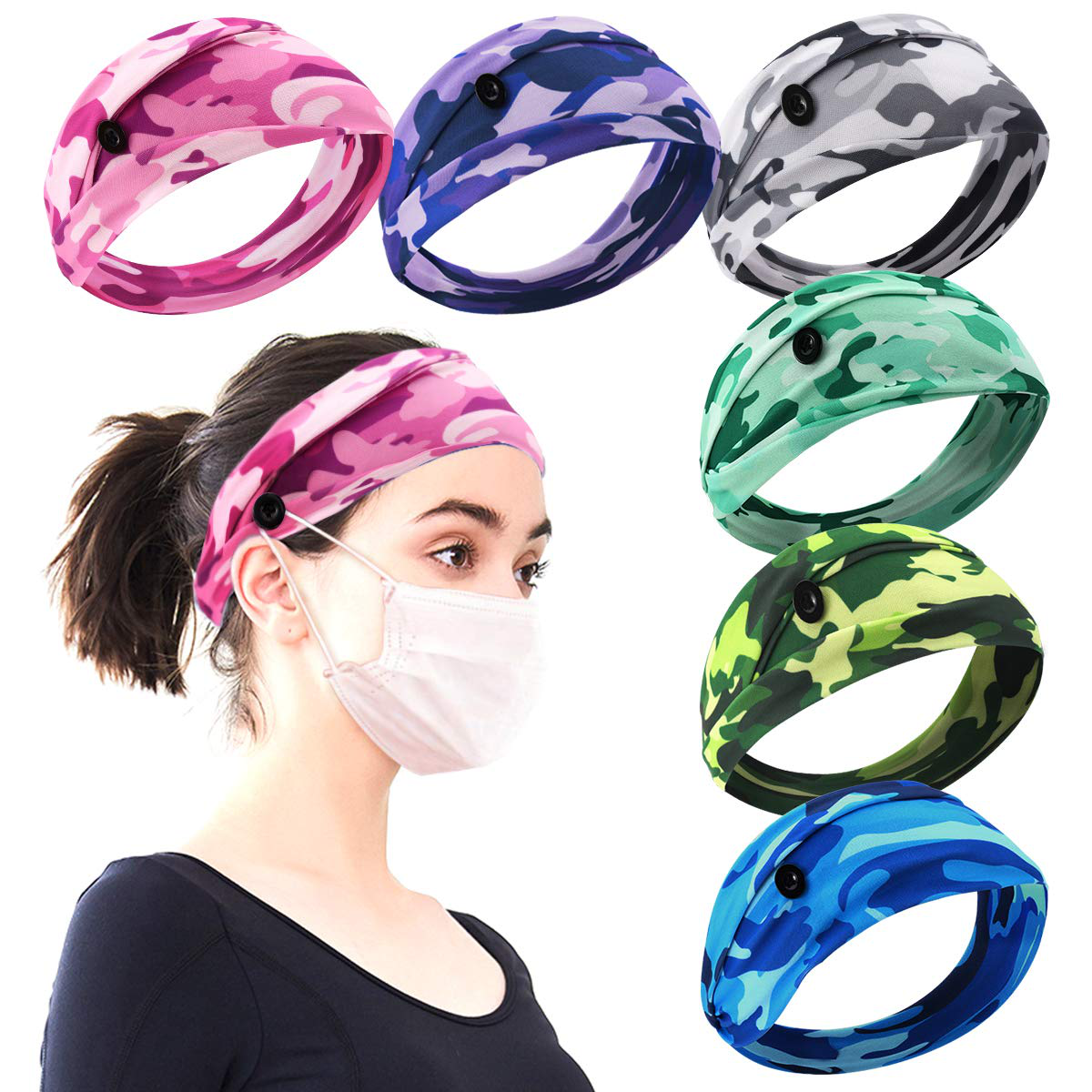 4pcs Button Headbands Set- Non Slip Elastic Headbands with Button in 4 Colors Hair Accessories for Women Men Moisture Wicking Sweatband Sports Head Wrap for Yoga Sports Outdoor Activities