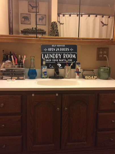 PXIYOU Open 24 Hours Laundry Room Vintage Retro Metal Sign Home Bathroom Laundry Decor Wash Room Signs 8X12Inch