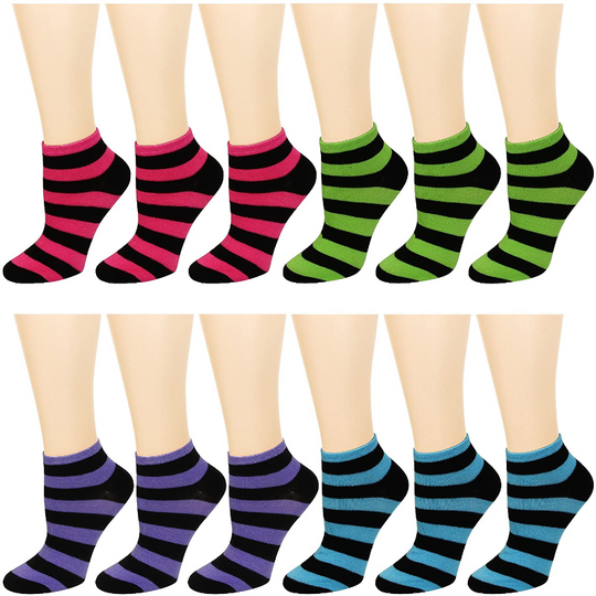 Pack of 12 Women's Ankle Socks Assorted Colors Size 9-11