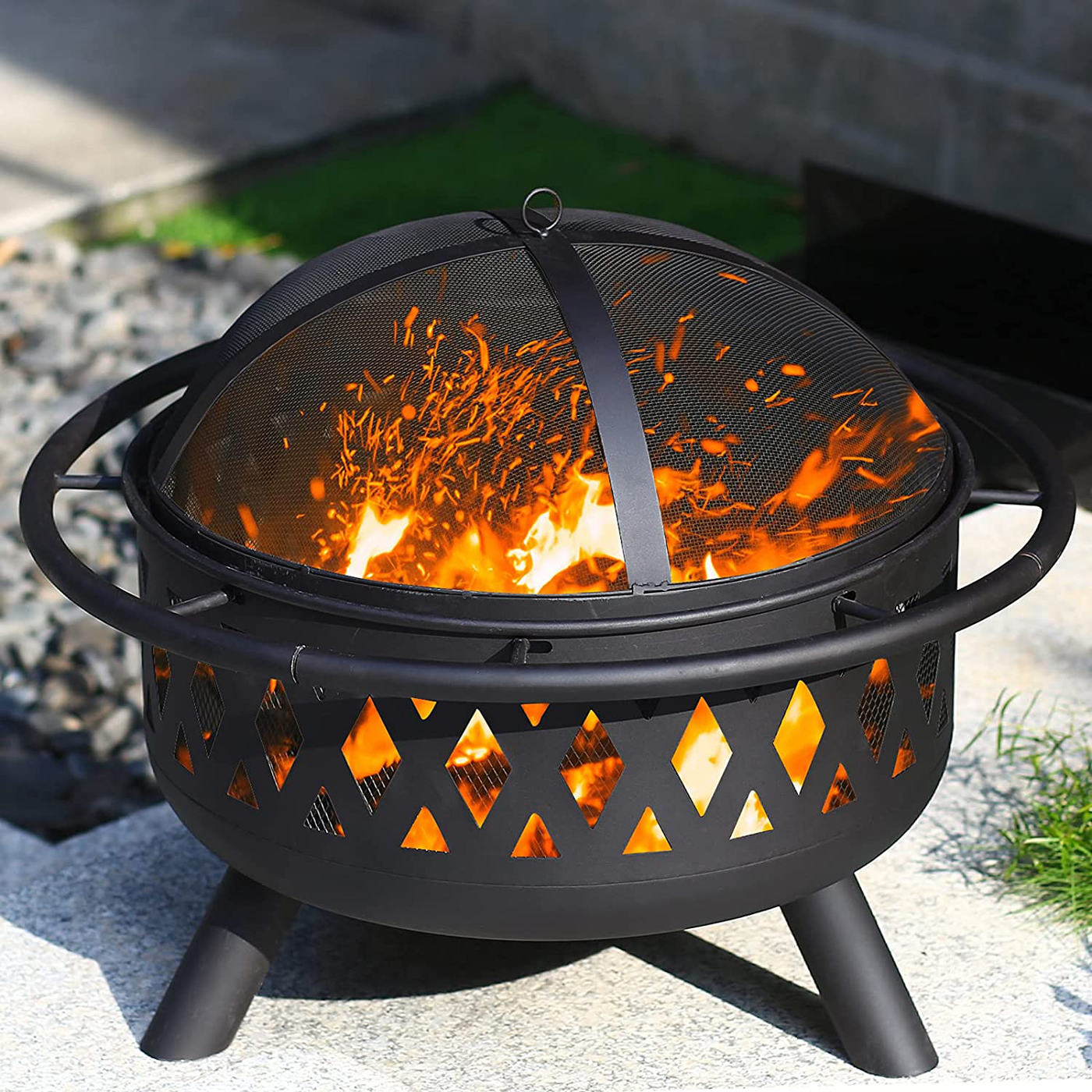 CGVOVOT Outdoor Fire Pits - 30 Inch Round Fire Pit Grill & Patio Firepit Bowl - Durable Spark Screen and Fireplace Poker