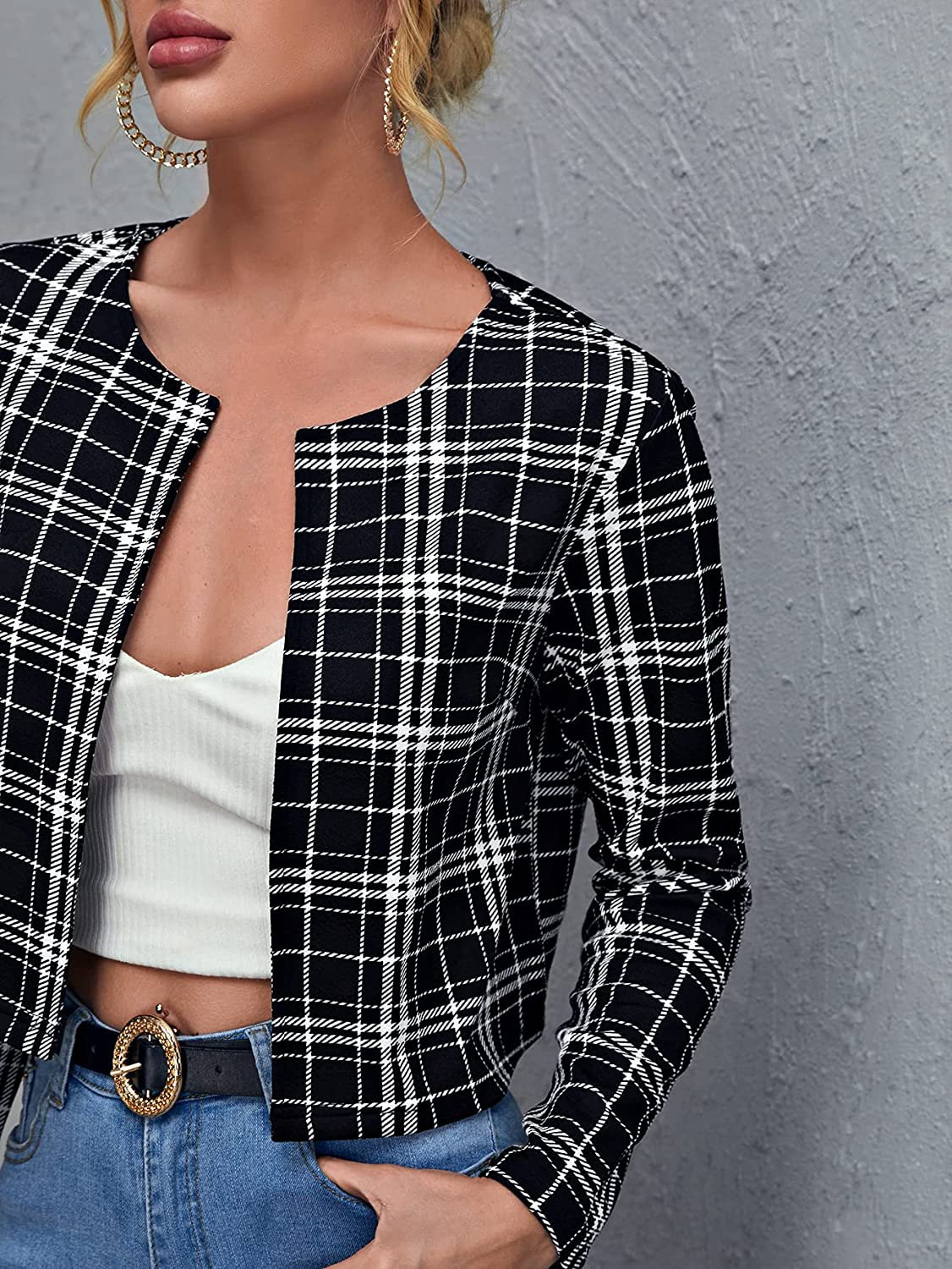 Milumia Women's Elegant Open Front Plaid Blazer Long Sleeve Crop Jacket Outerwear