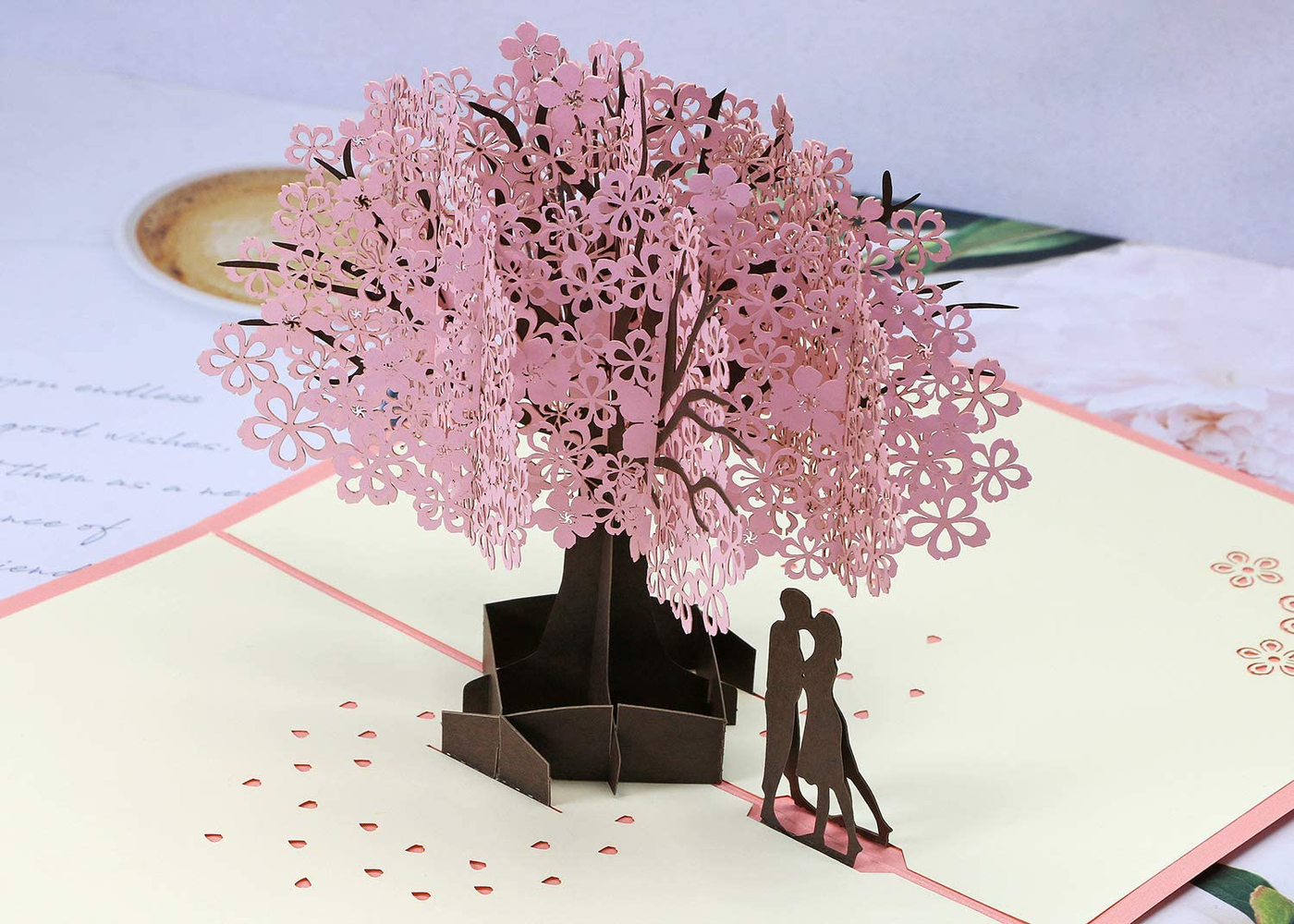 Penta Angel Handmade Cherry Blossom Card Pop Up 3D Flower Card Romantic Love Letter Greeting Anniversary Wedding Valentine Birthday Gift Card Blank Stationery Paper Card for Her Him Husband Wife