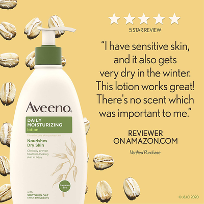 Aveeno Daily Moisturizing Body Lotion with Soothing Oat and Rich Emollients to Nourish Dry Skin, Gentle & Fragrance-Free Lotion is Non-Greasy & Non-Comedogenic, 18 Fl Oz