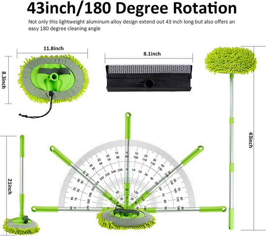 FORCAR 15pcs Car Cleaning Kit, Car Wash Brush Mop with 43" Long Handle, Chenille Microfiber Mitt, Extendable Long Pole Window Water Scraper for Interior and Exterior Car Detailing Kit