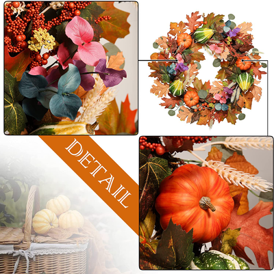 Valery Madelyn Fall Wreath for Front Door, 24 inch Harvest Wreath with Eucalyptus Leaves, Pumpkin and Berry Cluster for Window Fireplace Wall Decor Thanksgiving Home Indoor Outdoor Decorations