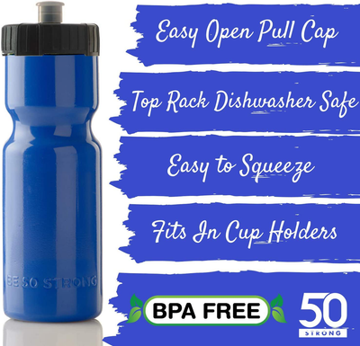 50 Strong Sports Squeeze Water Bottle 2 Pack – 22 oz. BPA Free Easy Open Push/Pull Cap – USA Made (Blue/Black)