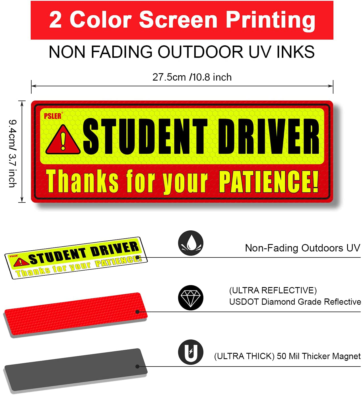 psler Student Driver Magnet for Car,be Patient Student Driver Magnet Boys and Girls New Student Driver Sticker Safety Warning Red and Yellow Reflective Signs Reusable Movable 10.8×3.7inch 3 Pcs Gifts