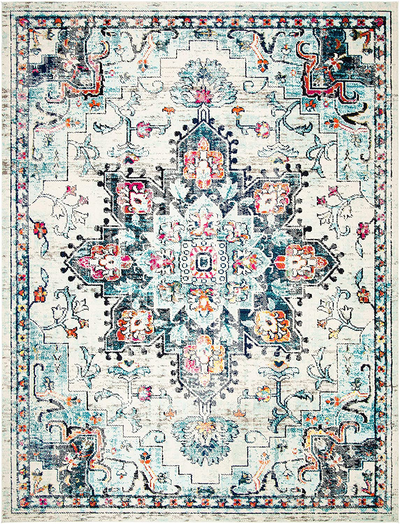 Safavieh Madison Collection MAD473K Boho Chic Medallion Distressed Non-Shedding Stain Resistant Living Room Bedroom Area Rug, 6'7" x 6'7" Square, Teal / Navy